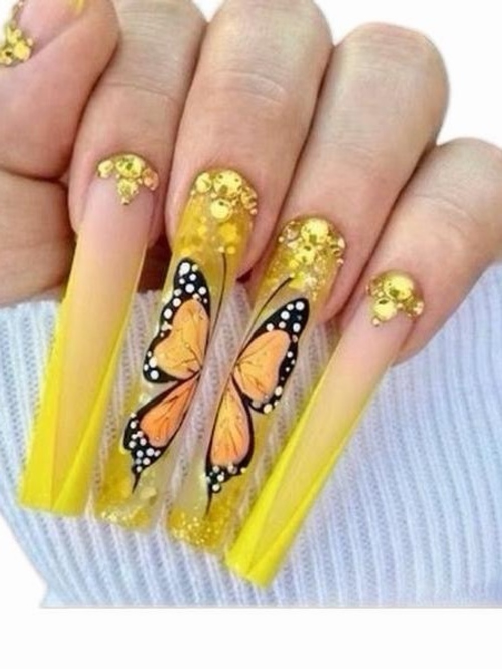 Yellow Ombre Acrylic Nails with Butterfly Art